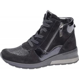   Waldlaufer Ortho Tritt fűzős cipzáras bokacsizma H-Clara velúr/lakkbőr/sztreccs fekete