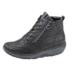   Waldlaufer dynamic gördülő talpú fűzős cipzáras bokacsizma H-Sonja bőr mintás fekete