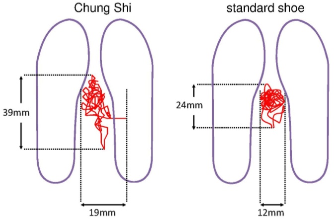 Szövegdoboz:  A testsúlypont mozgásának ábrázolása állás közben. Az  Aubiorig és a hétköznapi cipő összehasonlítása (Stefanyshyn, 2006)